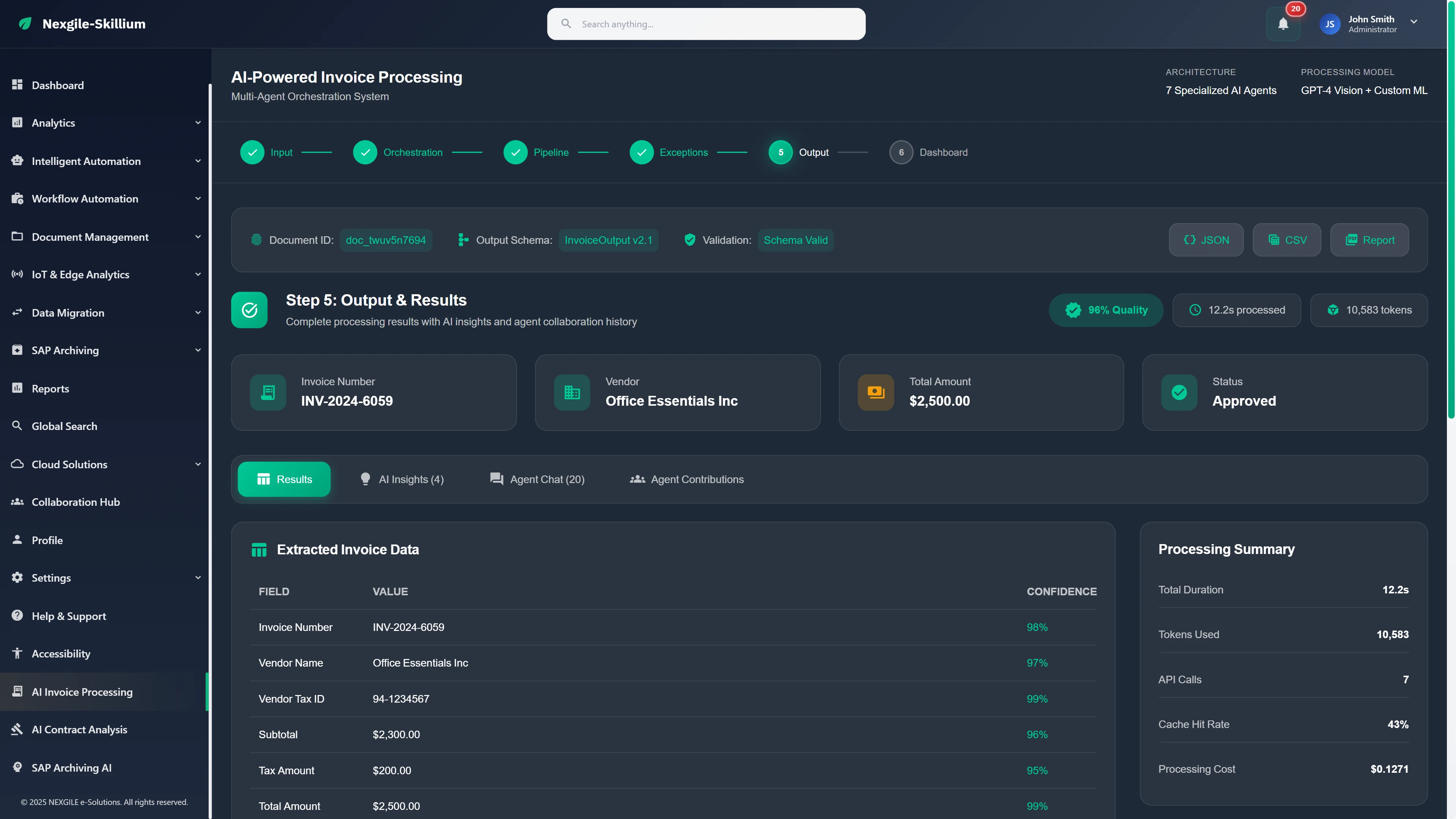 Output & Results - Extracted invoice data with field-level confidence scores, processing summary, and approval status